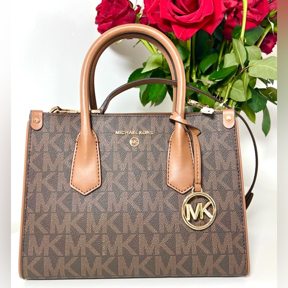 NWT MICHAEL KORS BAG PURSE SATCHEL WITH STRAP CROSSBODY HANDBAG BROWN LOGO - Picture 1 of 12